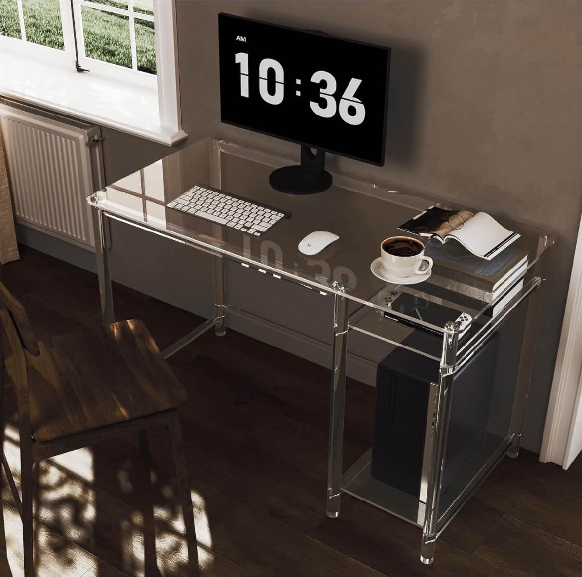 HMYHUM Acrylic Desk, 47" L x 23.6" W x 29.5" H, Clear Computer Desk with Storage Shelves, Modern Gaming Desk for Home Office for Laptop, Study, Writing, Vanity Table, Easy Assembly