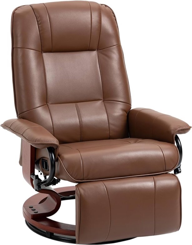 HOMCOM Faux Leather Manual Recliner, Adjustable Swivel Lounge Chair with Footrest, Armrest and Wrapped Wood Base for Living Room, Brown