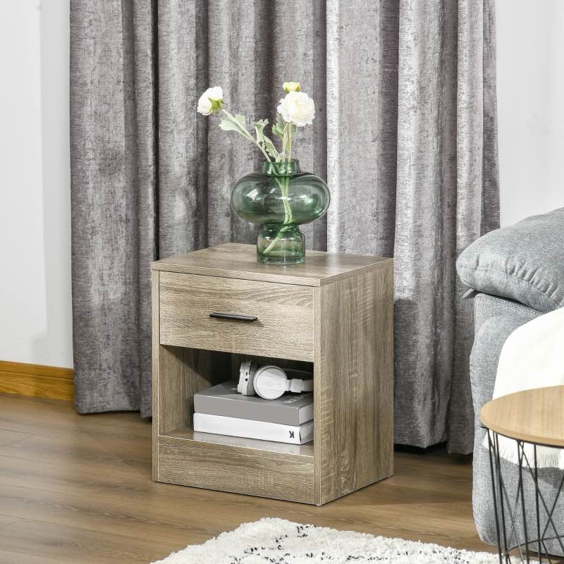HOMCOM Modern Side Table with Drawer and Storage Shelf, End Table for Living Room or Bedroom, Gray Wood Grain