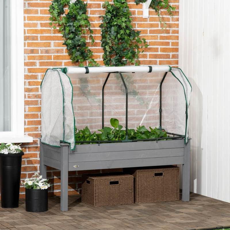 Outsunny Raised Garden Bed with PE Greenhouse Cover Outdoor Planter Box for Herbs and Vegetables, 48 x 22 x 46 inch, Dark Gray