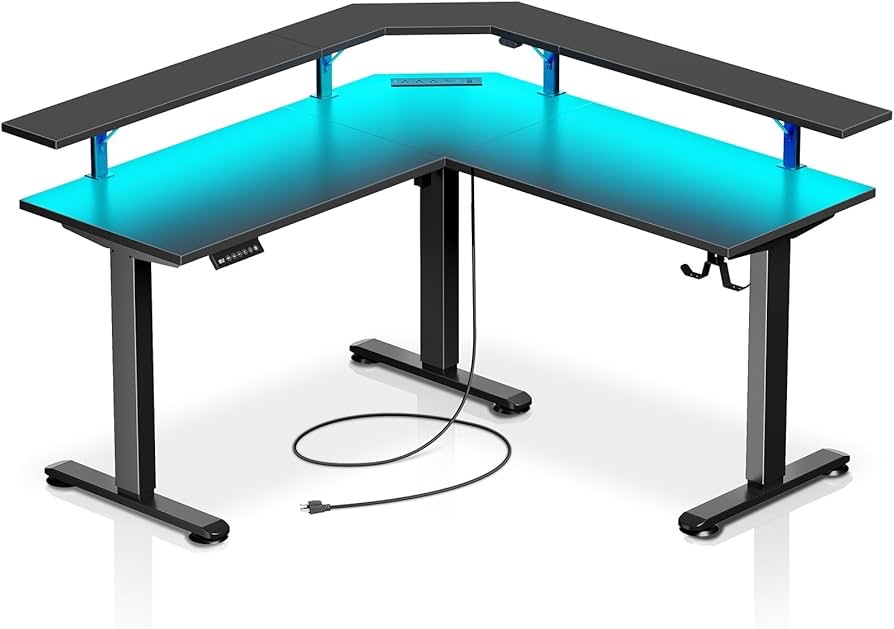 Rolanstar Standing Desk L Shaped with LED Light and Power Outlet, Electric Height Adjustable Desk with Monitor Stand, Sit Stand Up Desk, Computer Office Desk, Black