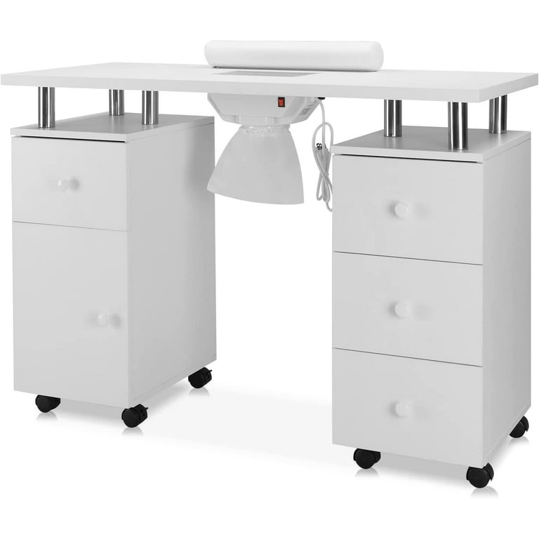  OmySalon Manicure Table Nail Desk for Nail Tech w/Electric Dust Collector & Wrist Rest, Acetone Resistant Top Beauty Salon Nail Supplies Decor Station w/Lockable Wheels, Cabinet, Drawer (White)