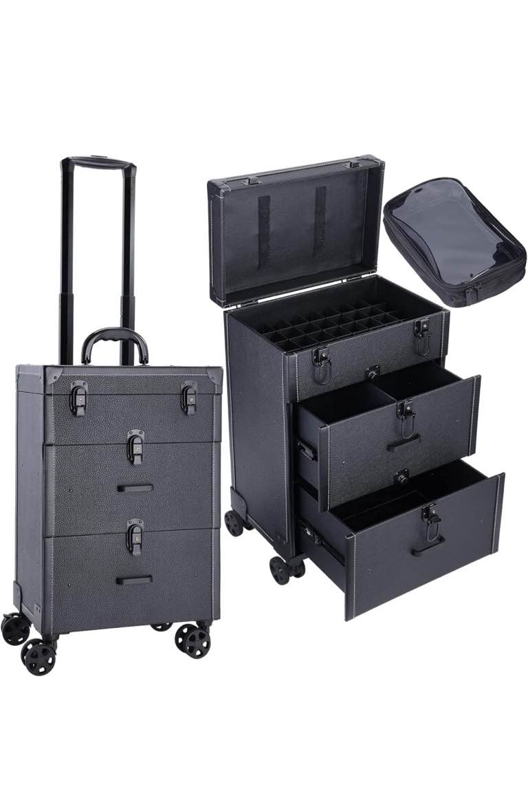 Frenessa Rolling Nail Case - Wheeled Vegan Leather Manicure Storage Organizer for Nail Technicians, Cosmetologists, and Stylists