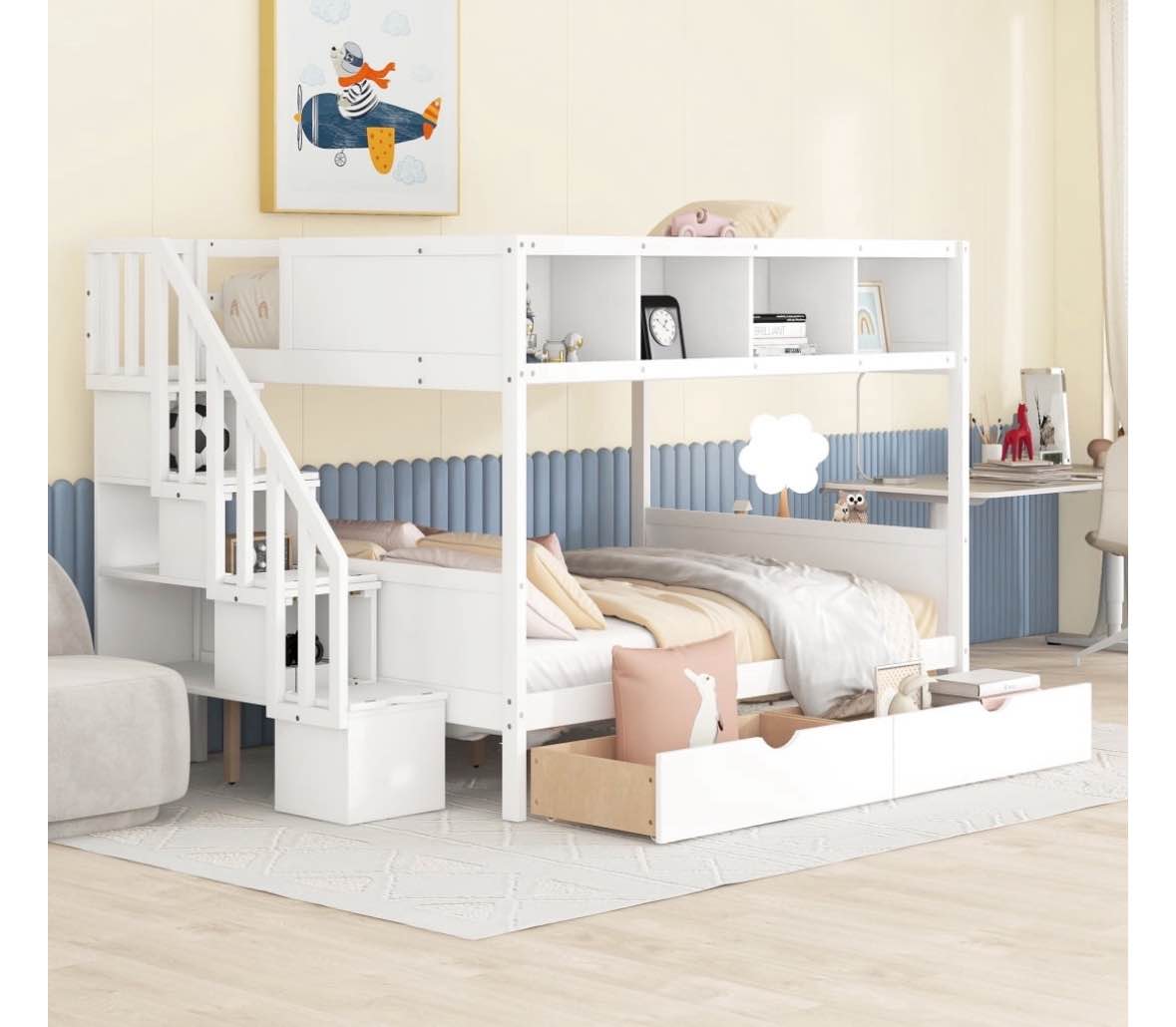 Twin over Full Bunk Bed with Shelves,Loft Bed with 2 Drawers and Storage Staircase, Child Wooden Bed with Stairs, for  Bedroom or Guestroom, White (BOX 1 of 3 ONLY)
