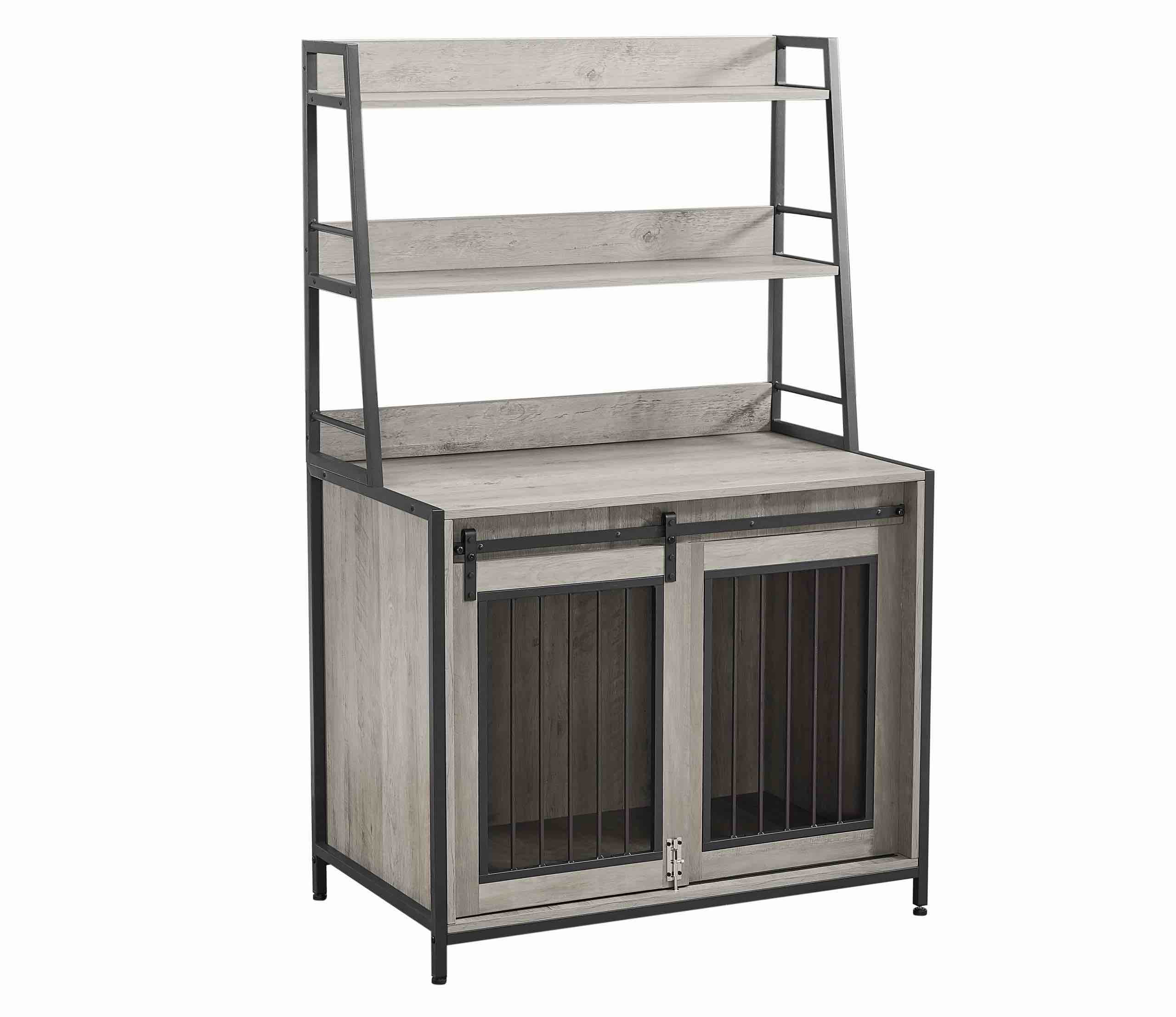 Dog Crate Indoor Furniture with Storage Shelves, 37 inch Wooden Dog Kennel with Double Sliding Doors, Heavy Duty Dog Cage for Large Medium Small Dogs, Grey