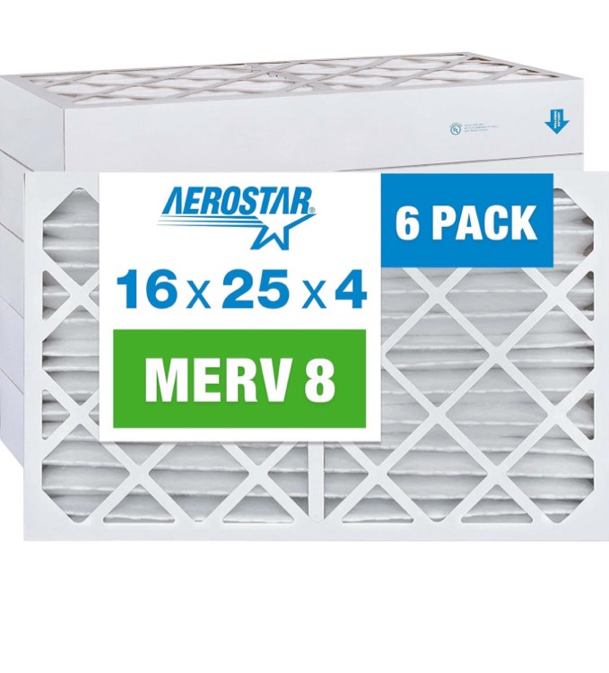 Aerostar 16x25x4 MERV 8 Pleated Air Filter, AC Furnace Air Filter, 6 Pack (Actual Size: 15 1/2"x24 1/2"x3 3/4")
