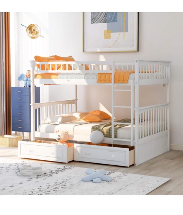 Merax Full-Over-Full Bunk Bed, Solid Wood Full Size Bunk Bed with Two Storage Drawers, Convertible Bunk Bed Can be Converted Into Two Full Size Daybeds (White)