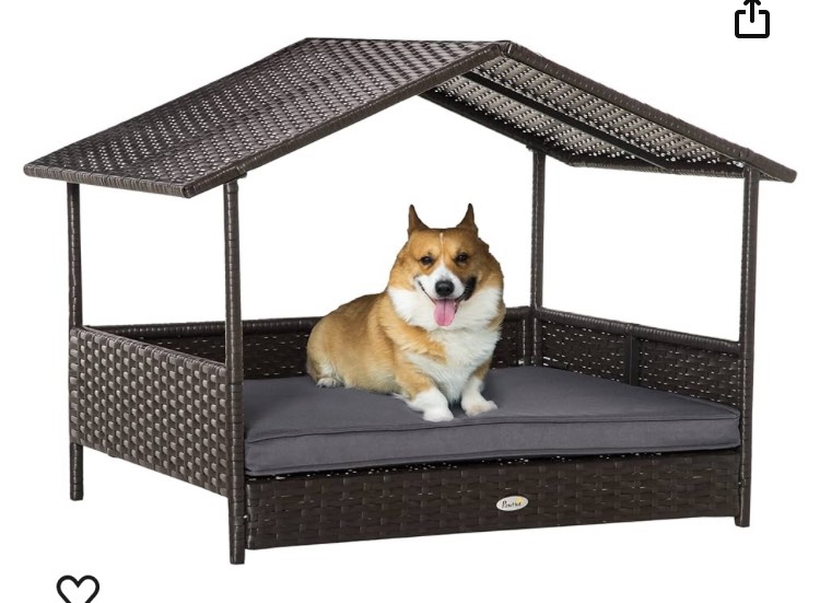 PawHut Wicker Dog House Outdoor with Canopy, Rattan Dog Bed with Water-resistant Cushion, for Small and Medium Dogs, Gray