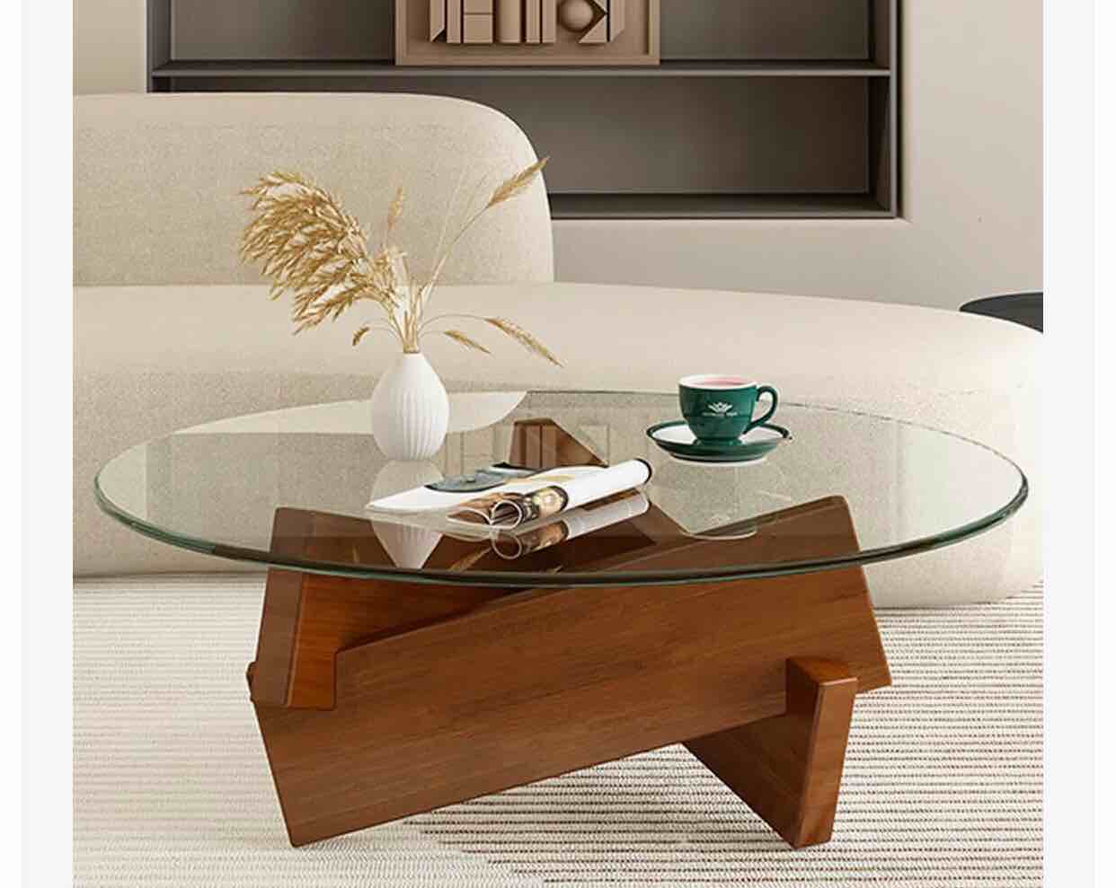 Coffee Table, Round Coffee Table for Living Room Modern Glass Coffee Table with Solid Wood Legs Farmhouse Mid Century Center Table Large Circle Cocktail Table (Walnut + Transparent, 31.5in)