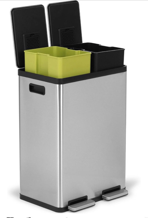 SIMPLI-MAGIC 60 Liter / 16 Gallon Rectangular Hands-Free Dual Compartment Recycling Kitchen Step Trash Can with Soft-Close Lid, Brushed Stainless Steel