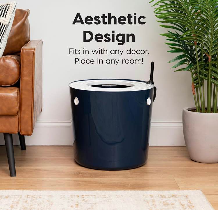 IRIS USA Large Stylish Round Top Entry Cat Litter Box with Scoop, Curved Kitty Litter Pan with Litter Particle Catching Grooved Cover and Privacy Walls, Navy/White