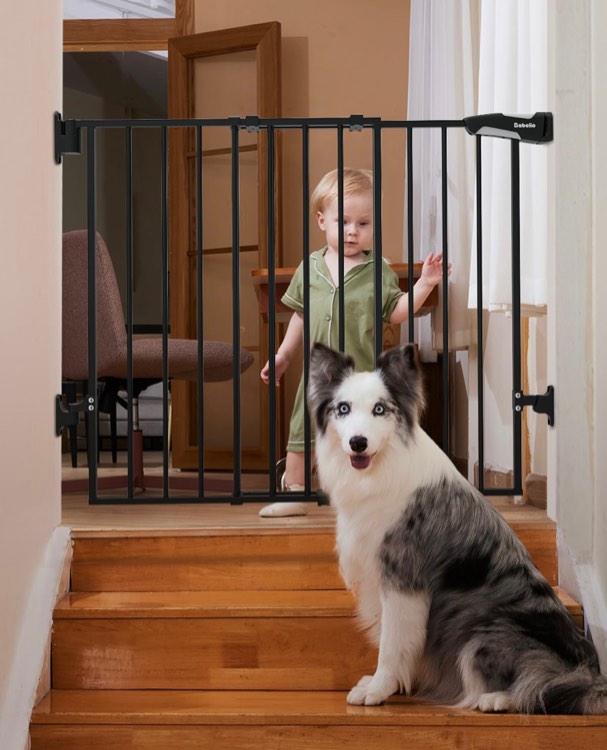 Babelio 26-43" No Bottom Bar Baby Gate for Babies, Elders and Pets, 2-in-1 Hardware Mount Dog Gate for The House, Stairs and Doorways, Safety Pet Gates with Large Walk Thru Door, Iron Black