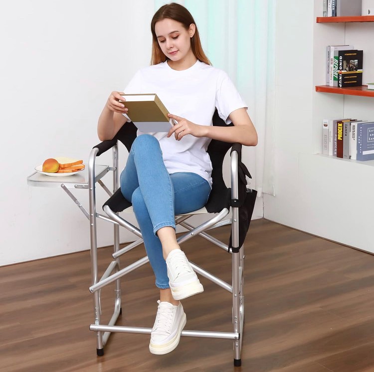 Tall Directors Chair Camping Folding Directors Chair Heavy Duty Makeup Artist Chair with Side Table Storage Bag, Aluminum Frame Support 300lbs Seat Height 24"