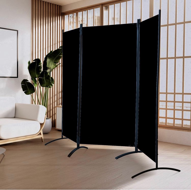 Room Divider 3-Panel Privacy Screen, Portable Screen Steel Frame with Hook&Loop for Home, Office, Classroom, Studio, Meeting Black