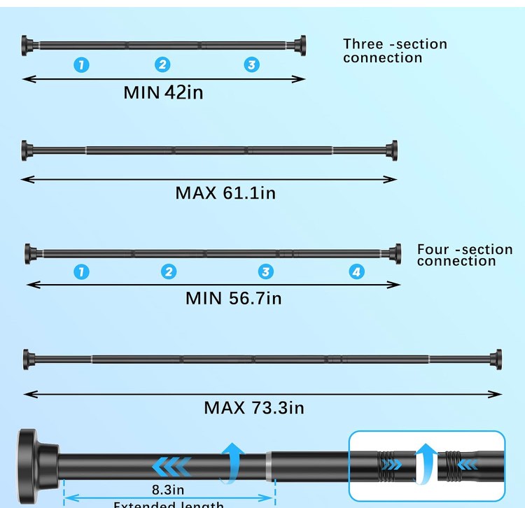 AIZESI Shower Curtian Rod 41-75 Inch Never Rust Non-Slip Spring Tension Curtian Rod 1" Diameter Shower Rod Tension Rods Stainless Steel Telescoping Rod Adjustable Curtain Rod No Drilling (1Pcs-Black?