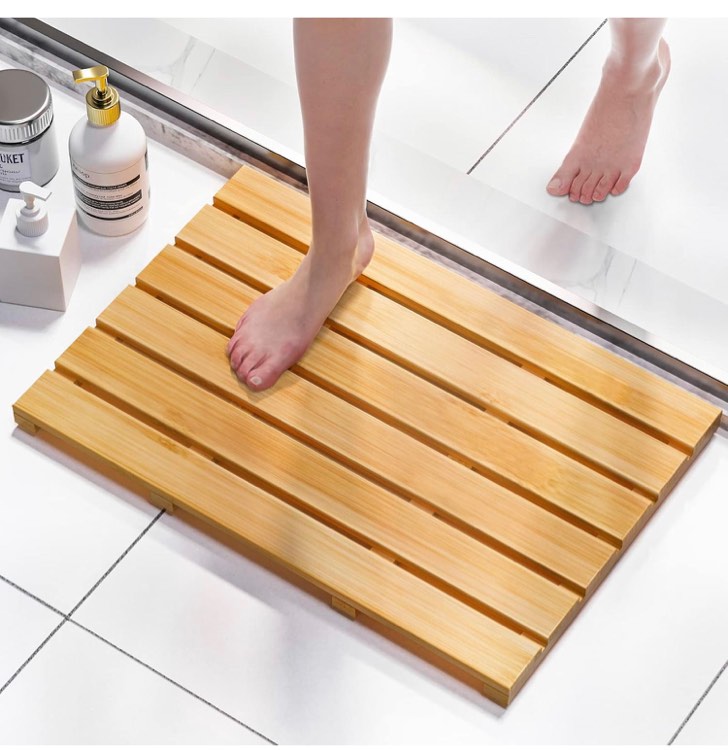 Domax Bamboo Bath Mat for Bathroom - Bamboo Shower Mat Non Slip Waterproof Wooden Bath Mats Wood Shower Floor Mat for Doorway Sauna Spa Yard Patio Pool Outdoor Use (Natural, 21.26 x 14.17 x 1.3 Inch)