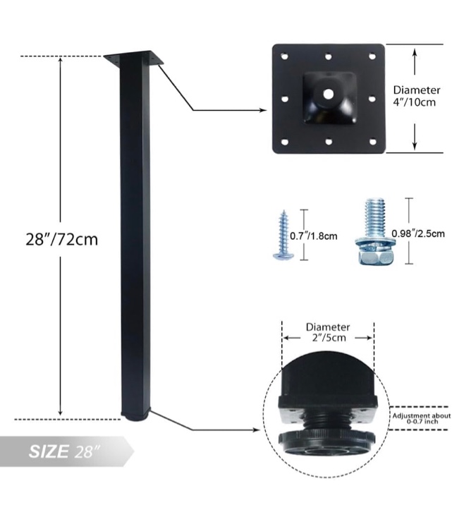 QLLY 28 inch Adjustable Metal Furniture Legs, Square Office Table Furniture Leg, Set of 4 (Black)