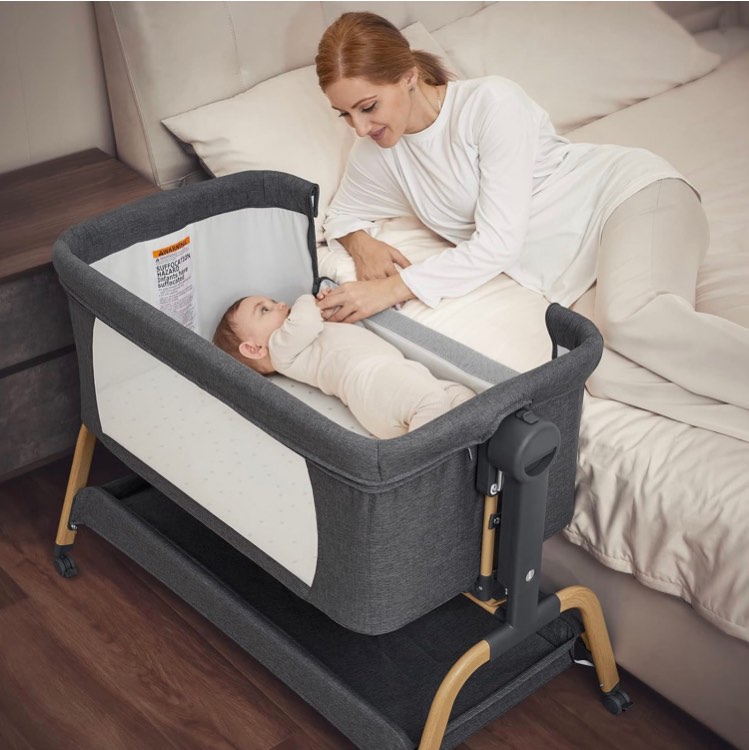 ANGELBLISS Baby Bassinet Bedside Crib with Storage Basket and Wheels, Easy Folding Bed Side Sleeper Adjustable Height Portable Crib for Newborn