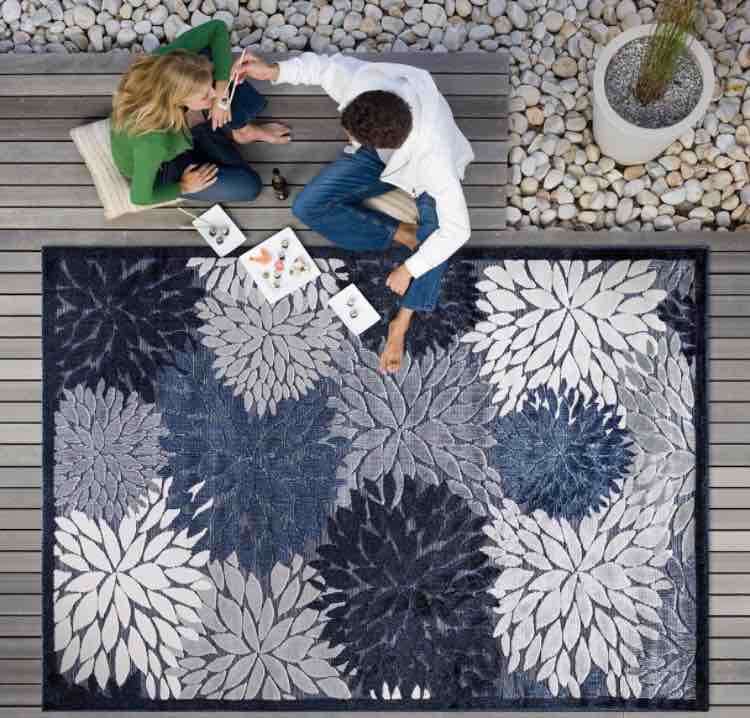 CAMILSON Indoor/Outdoor Rug, Navy Blue 9’x12’ Floral Exotic Tropical Area Rugs for Indoor and Outdoor patios, Easy-Cleaning Non-Shedding Living Room, Garden and Kitchen Washable Outside Carpet (9x12)