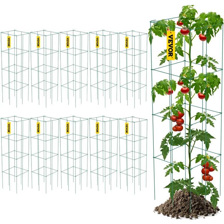 VEVOR 10 Pack Square Folding Tomato Cages 46" Plant Support Stake Tower PVC-coated Steel Tomato Cage Towers for Tomato Plants, Eggplants, Cucumber, Climbing Plants and More
