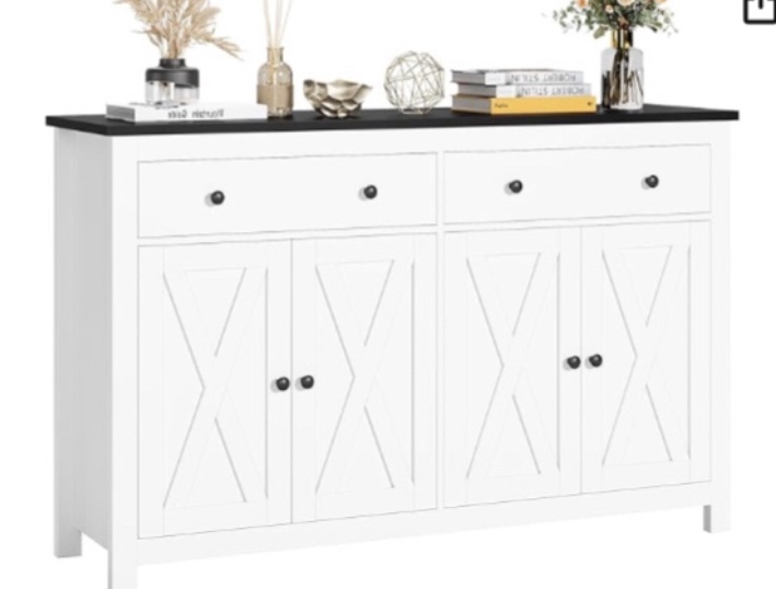 FPB-227 Cabinet FOTOSOK Sideboard Buffet Cabinet with Storage, 55" Large Kitchen Storage Cabinet with 2 Drawers and 4 Doors, Wood Coffee Bar Cabinet Buffet Table for Kitchen Dining Room, White and Black