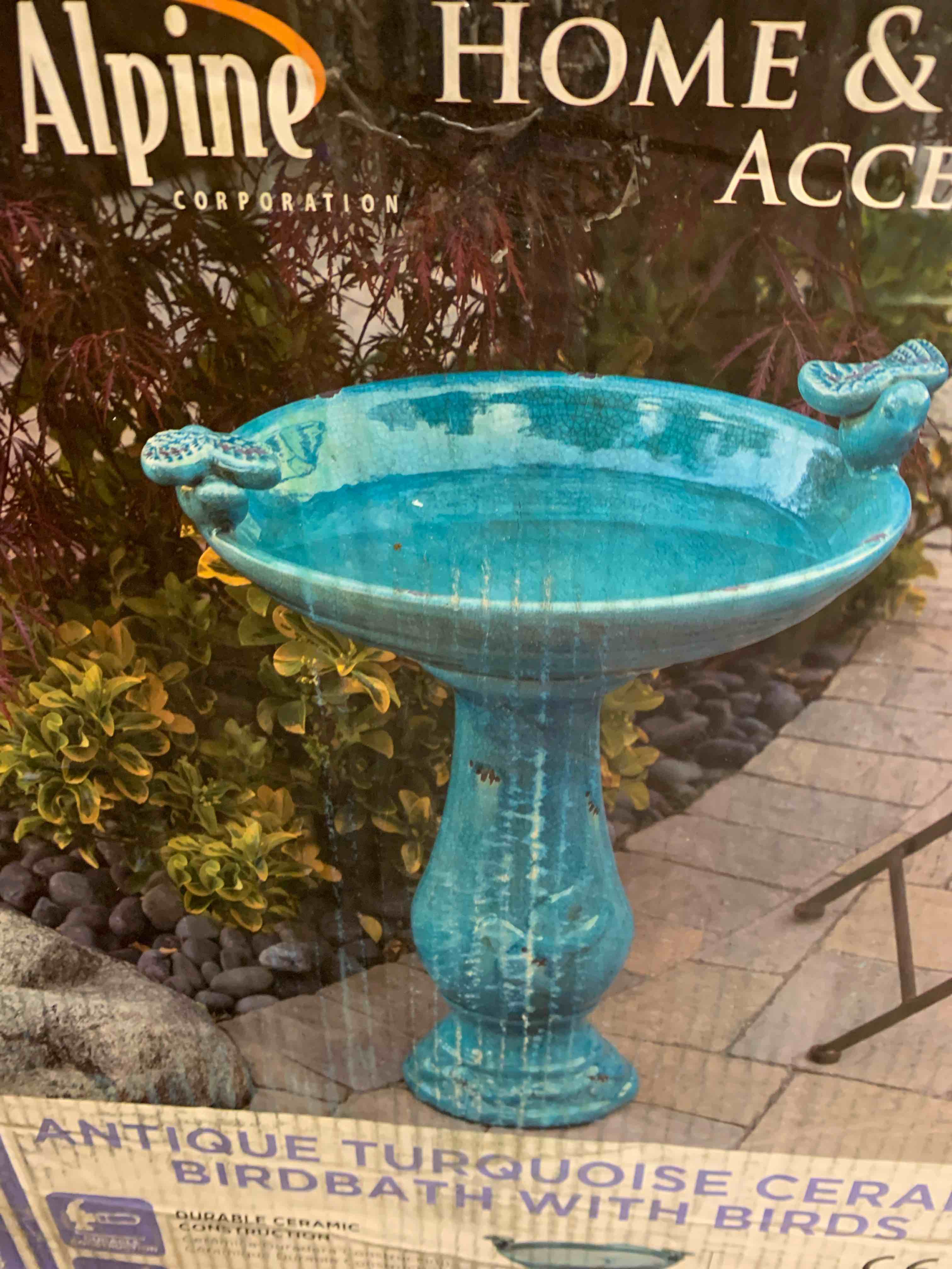 Alpine Corporation 25" Tall Outdoor Ceramic Antique Pedestal Birdbath with 2 Bird Figurines, Turquoise