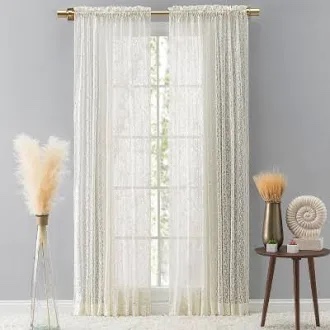 Ricardo | Woven Lace Rod Pocket w/Header Panel | 54" W x 84" L | White | Semi-Sheer | Versatile | Machine Washable | Natural & Airy | Kitchen, Livingroom, Bedroom | Matching Valance Available