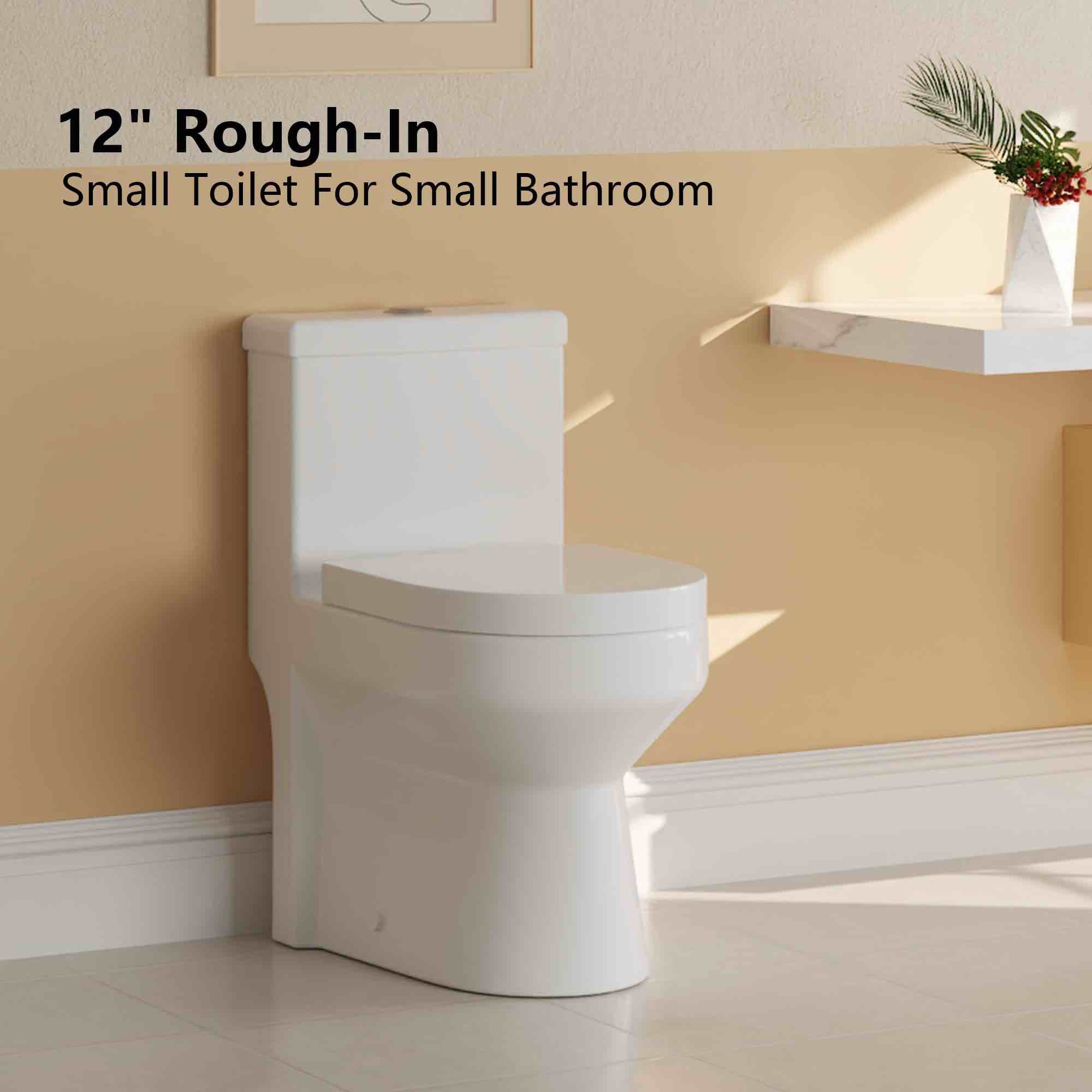 DeerValley Small Compact One Piece Toilet For Bathroom, Dual Flush Toilet with Soft Closing Seat, 0.8/1.28 GPF High-Efficiency, White Toilet for Tiny Bathroom, 12" Rough-In