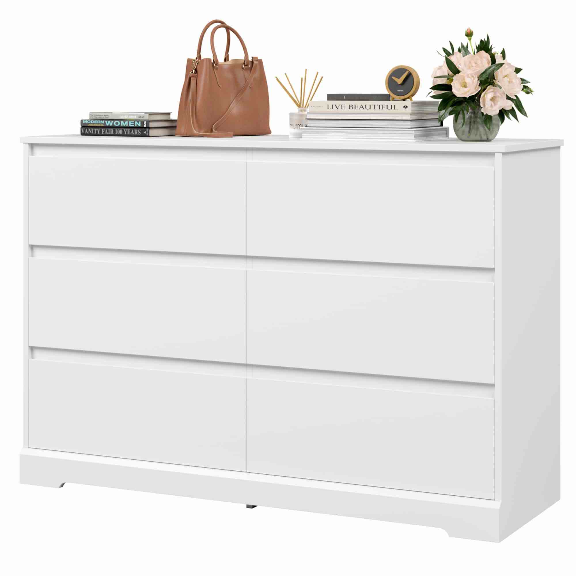 FOTOSOK 6 Drawer Double Dresser, White Dresser, Modern 6 Chest of Drawers with Deep Drawers, Wide Storage Organizer Cabinet for Living Room Home