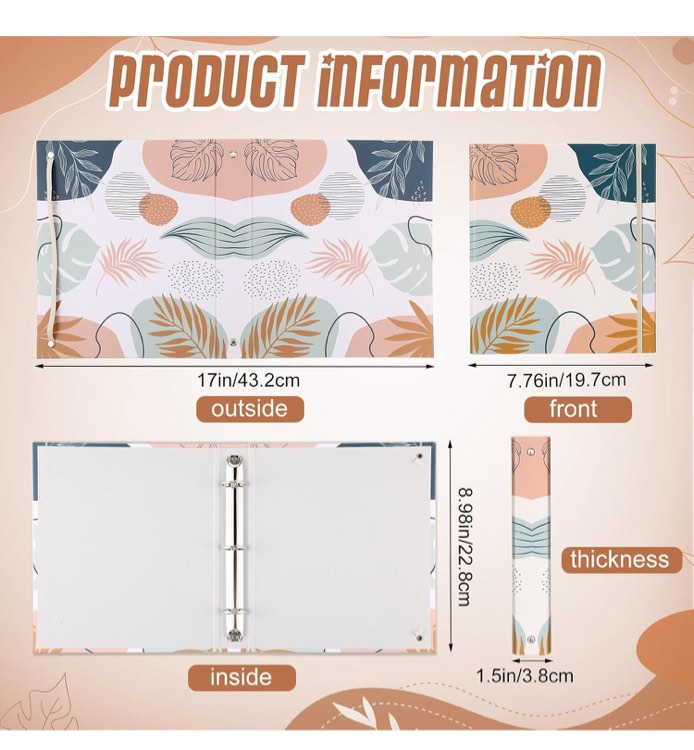 Colarr 4 Pcs Cute Mini Boho Leaves Binders for School 5.5 x 8.5 Three Ring Decorative Hardcover with Elastic Cord 1 Inch Binder Mini Binders Office Supplies and Home Use Recipe Binder