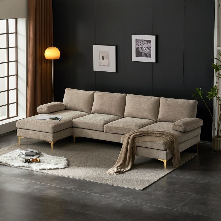 UBesGoo Modern & Contemporary Sectional Sofa, U Shaped Chenille Fabric Beige Couch with Double Reversible Chaise Lounge, 110" Camel Color with Gold Metal Legs