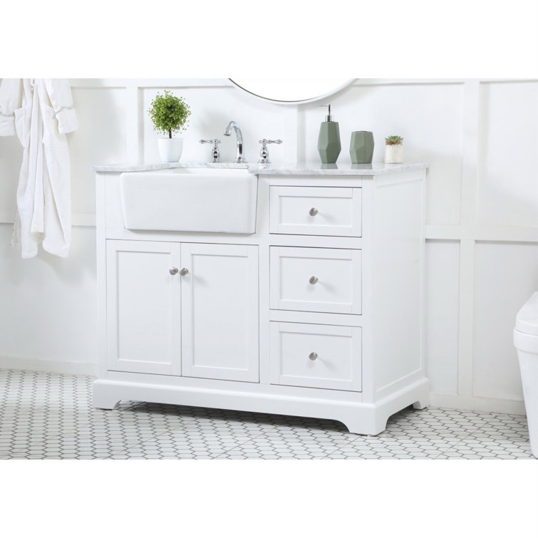 Klarissa 42'' Single Bathroom Vanity with Marble Top, 3 Drawer 1 Double Door Cabinet Single Vanity in white with silver handles and white marble top, 34.75'' H X 42'' W X 22'' D
