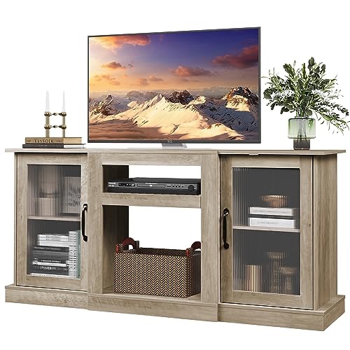 WLIVE Retro TV Stand for 65 inch TV, TV Console Cabinet with Storage, Open Shelves Entertainment Center for Living Room and Bedroom, Greige