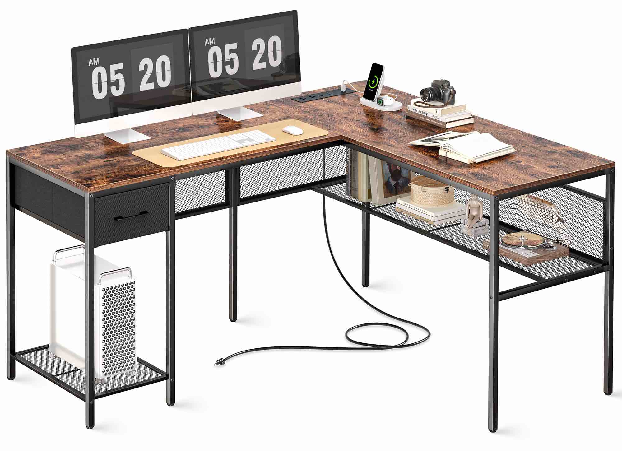 SUPERJARE L Shaped Desk with Power Outlets, Computer Desk with Drawer, Reversible Corner Desk with Grid Storage Bookshelf, Home Office Desk, Rustic Brown