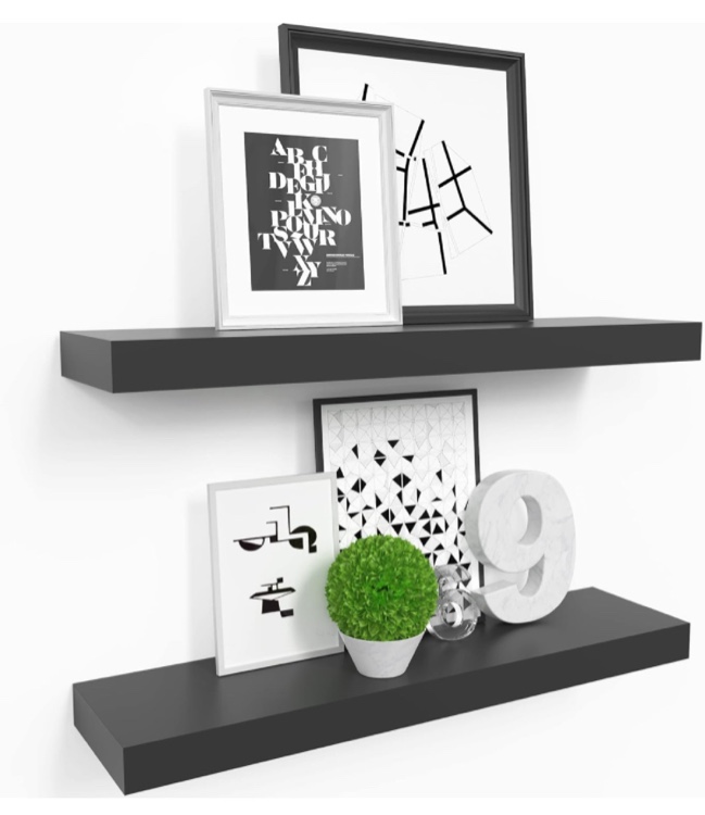 Ballucci Floating Shelves, 24" Wood Wall Shelf Set of 2, with Invisible Brackets for Bathroom, Living Room, Bedroom, Kitchen, Nursery, 6" Deep, Black