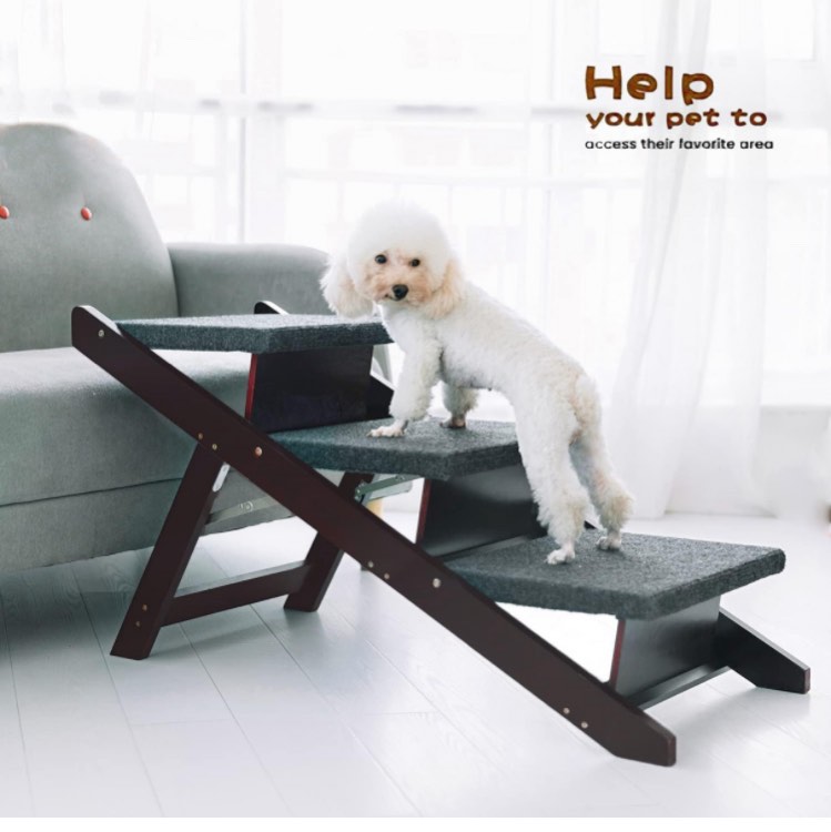 MEWANG Giant Wooden Pet Stairs/Pet Steps - 2-in-1 Foldable 3 Levels Gentle Dog Stairs & Ramp?for Beds and Cars - Easy Climb Pet Step Stool - Portable Dog/Cat Ladder Up to 150 Pounds(Brown)