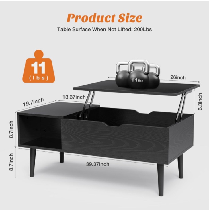 Sweetcrispy Lift Top Coffee Tables, Wooden Coffee Table for Living Room with Storage Shelf and Hidden Compartment, Black Coffee Table
