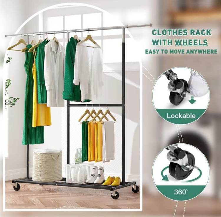 Raybee Heavy Duty Clothes Rack Loads 410 LBS Rolling Clothes Racks for Hanging Clothes Rack with Wheels Metal Clothing Rack Adjustable & Portable Clothes Rack Commercial Grament Rack Heavy Duty Black