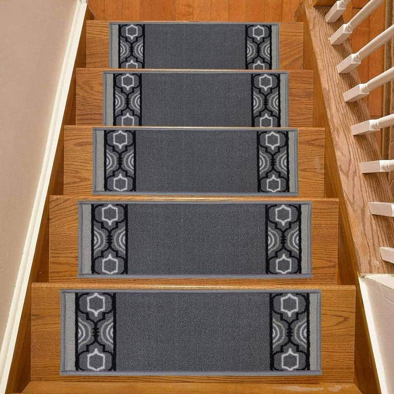 Stair Treads Skid Slip Resistant Backing Indoor Carpet Stair Treads Trellis Border Design 8 inch x 26 inch (Set of 13, Gr