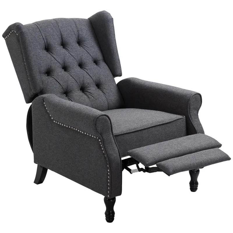 HOMCOM Fabric Upholstered Wingback Recliner, Tufted Push Back Accent Chair, Linen Arm Chair with Footrest, Armrest, Padded Cushion, Dark Grey