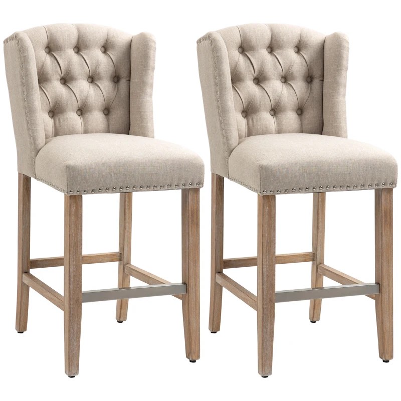HOMCOM Counter Height Bar Stools Set of 2, 27" Seat Height Upholstered Barstools, Farmhouse Kitchen Island Stools with Nailhead-Trim, Tufted Back and Wooden Legs, Beige