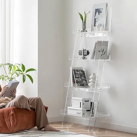 Nalwort Acrylic Ladder Bookshelf, 4-Tier Clear Leaning Book Shelf, Large Unique Bookcase, Storage Organizer Shelf for Bedroom, Living Room, Office, 72" H x 21" W x 14" D