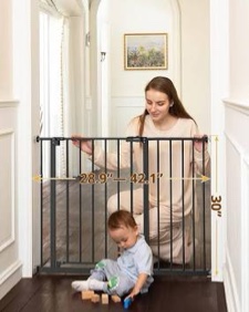 Mom's Choice Award-InnoTruth Dog Gate for Doorways 28.9-42.1" Wide, Baby Gate for Dogs Easy Step Walk Thro Expanded Two-Way Open, Metal Pressure Mount Easy Install Child Gate for Pets, Brown