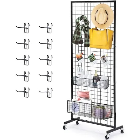 Eastern Tree 1 Pack 2'x 5' Three Pieces Gridwall Panels Stand with T-Base, Black Wire Grid Wall Rack with Wheels, Craft Display Rack, Retail Display Stand, Extra More 8 Pieces Hooks