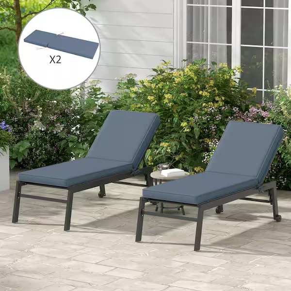 Outsunny 2 Patio Chaise Lounge Chair Cushions with Backrests, Replacement Patio Cushions with Ties, Blue