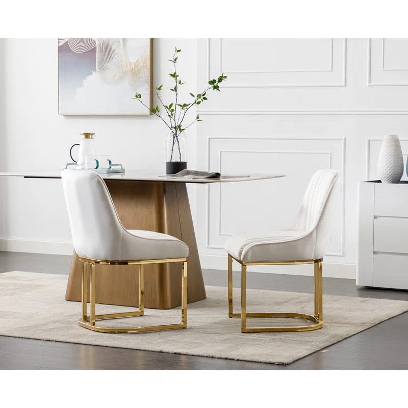 Everly Quinn Junias Dining Chair Velvet Upholstered Dining Chairs Modern Accent Dining Room Chairs with Gold Metal Base Comfy Padded Kitchen Chairs Armless Side Chairs for Kitchen Dining Room (Set of 2)
