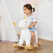 Qaba Rocking Horse, 2 in 1 Kids Ride on Horse, Rolling Unicorn Animal Rocker with Sound, Wooden Base, Pedal, Grip Handle, Plush Riding Pony for 3-6 Years Old, White