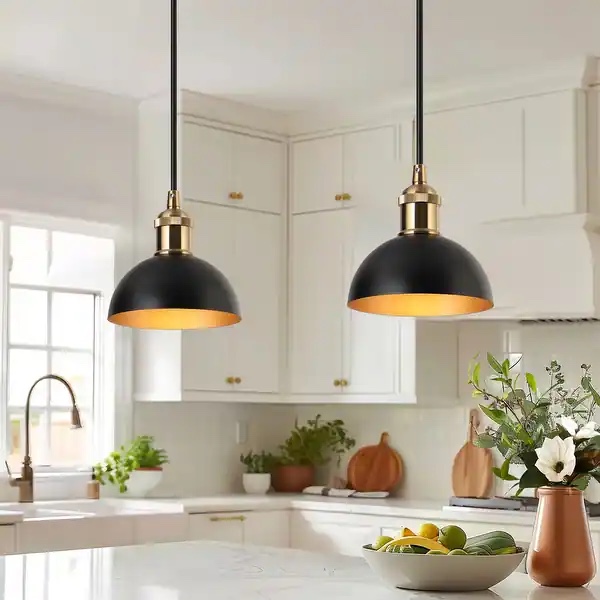Modern Industrial 1-Light (6 Inch) Dome Black Gold Metal Pendant Light for Kitchen Island