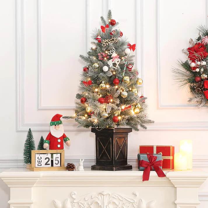 GARVEE 3ft Christmas Tree 2 Set, Pre-Lit Artificial Christmas Tree with Vintage Potted Base, Flocked Snow 70 Warm White LED Lights Red Berries, Festival Decoration Xmas Holiday Decor for Home, Entrances