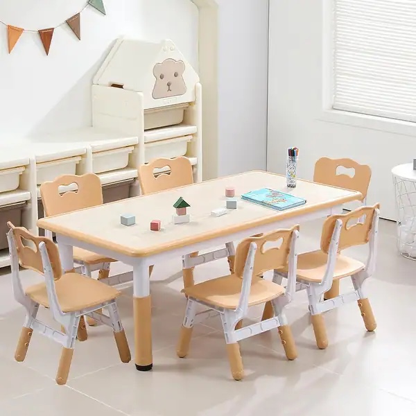 Kids Table and Chairs Set, Height Adjustable Desk with 6 Seats for Ages 2-10 - standard